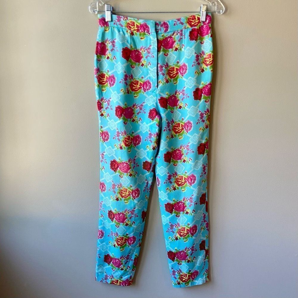 Custom High-Waisted Floral Pants Baby Blue Rose Print Retro Modern S
